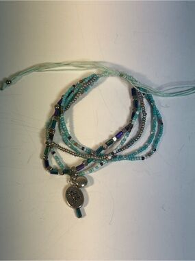 Turquoise Multi-Strand Beaded Wrap Bracelet with Silver Charm “Take A Hike”